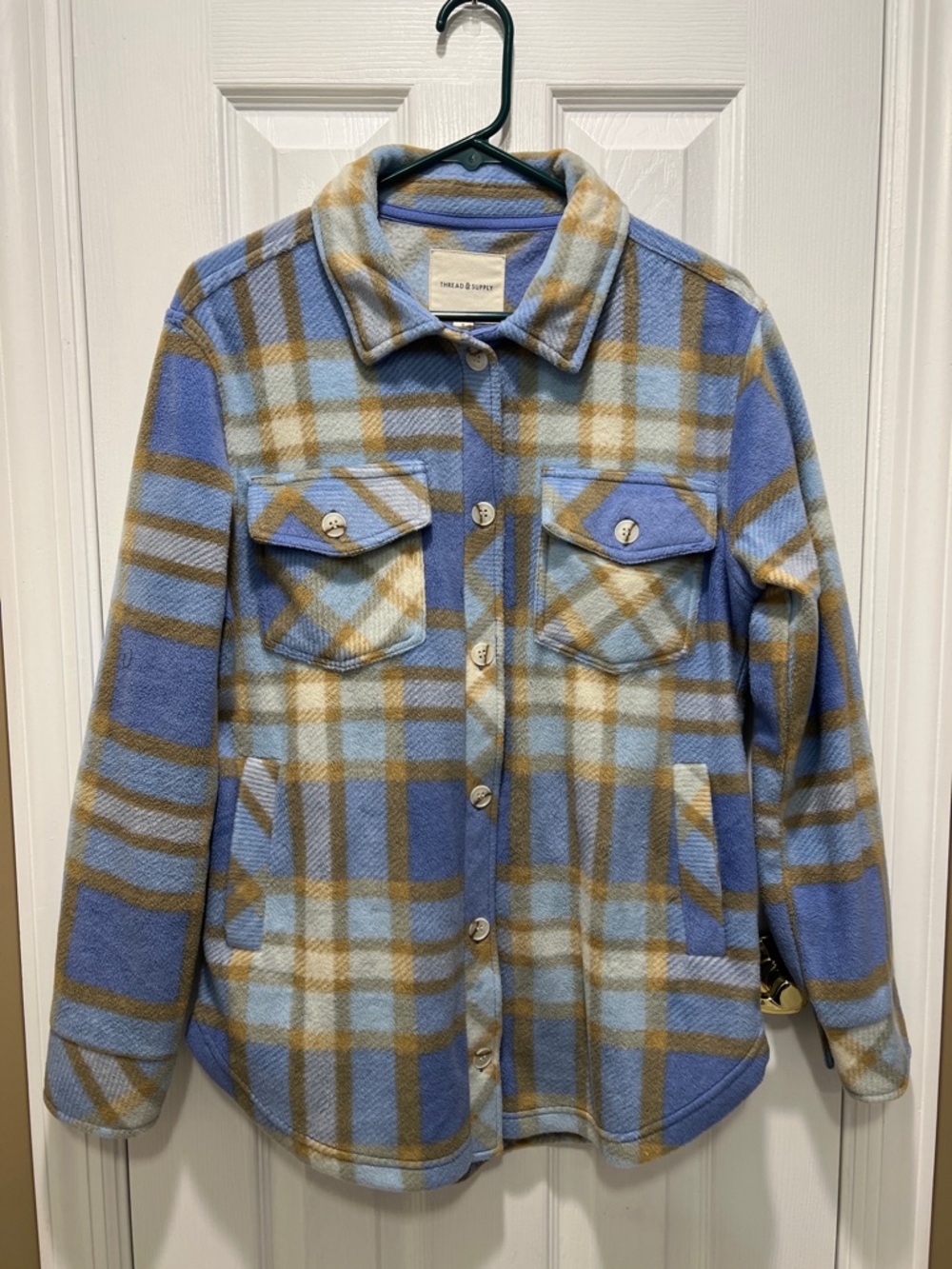 Thread & Supply Blue and Tan Plaid Button-Up Fleece Shacket
